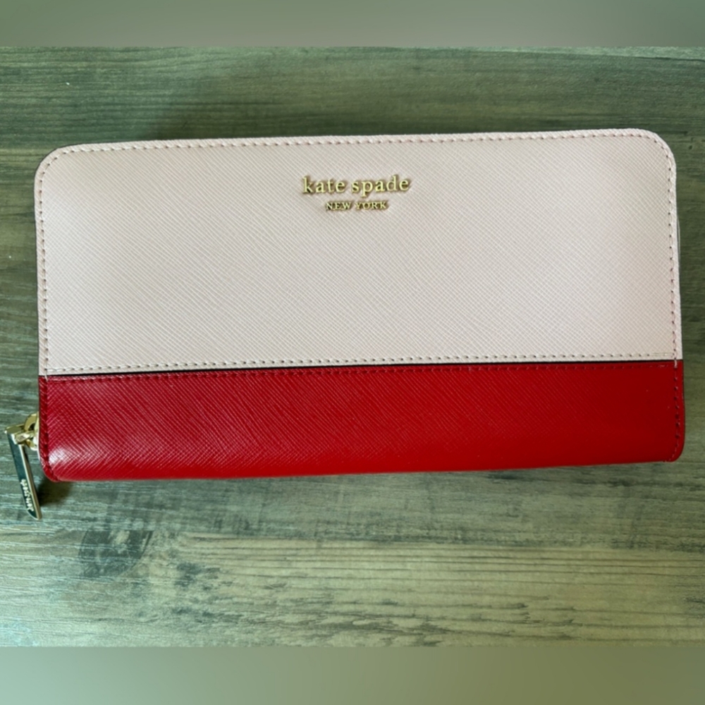 Kate spade Pink and Red Wallet with Textured Leather and Gold Branding